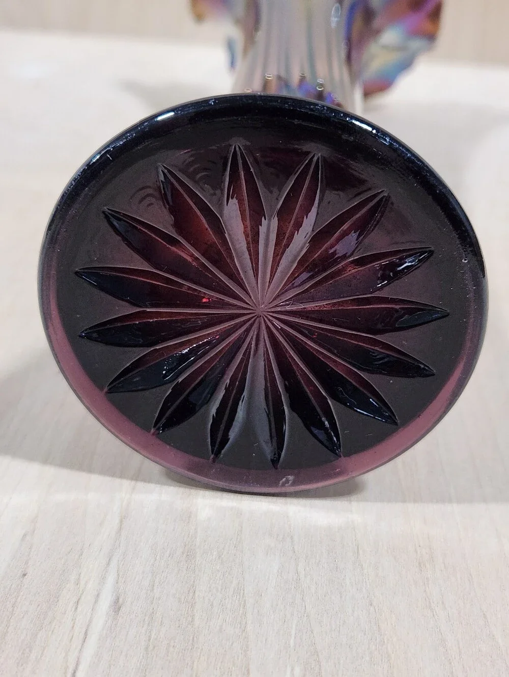 Vintage Iridescent Amethyst Purple Glass Ruffled Rim Trumpet Vase 12 Inch VTG